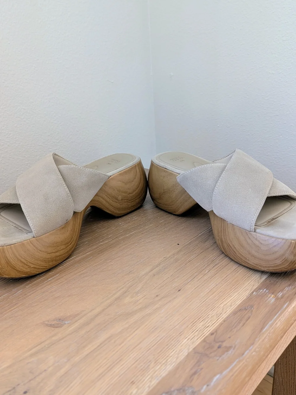 Zara Neutral Suede Slide Chunky Wood Heel Sandals In Beige - 8.5 - Picture 2 of 10